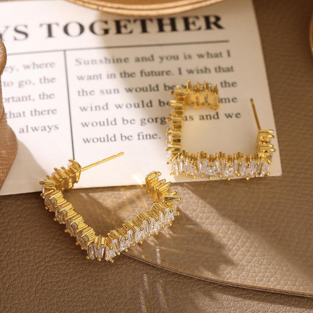 Luxury European Style Gold-Plated Copper Stud Earrings with Square Zirconia