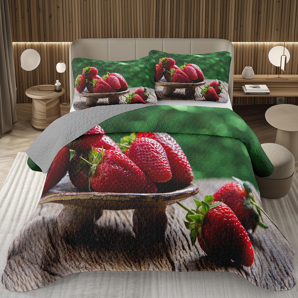 Strawberry Bedspread Kawaii Fruit Coverlet Twin King Size Cute Strawberries Quilt Set For Kids Girls Teens Adult Bedroom Decor