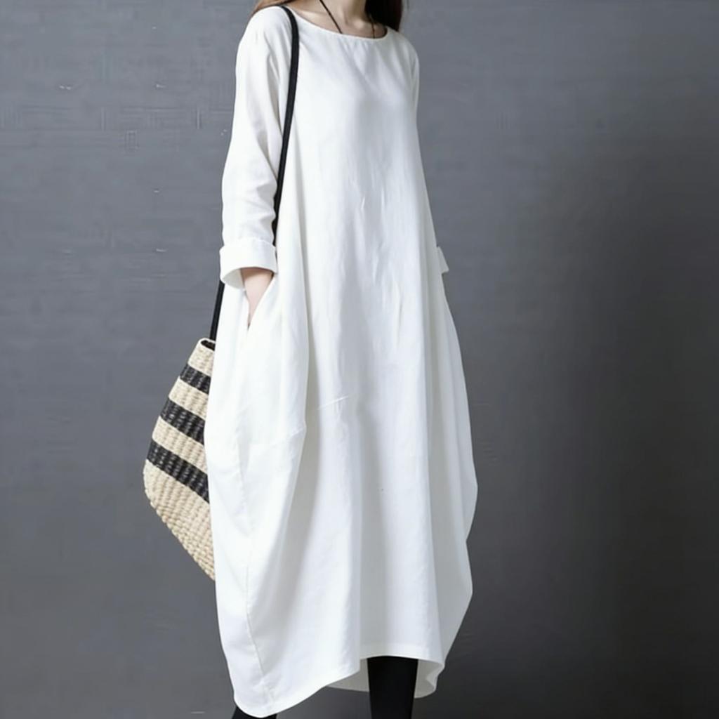 Women's Crew Neck Long Sleeve Midi Dresses Loose Fit Solid Color Casual Swing Dress Summer Dresses
