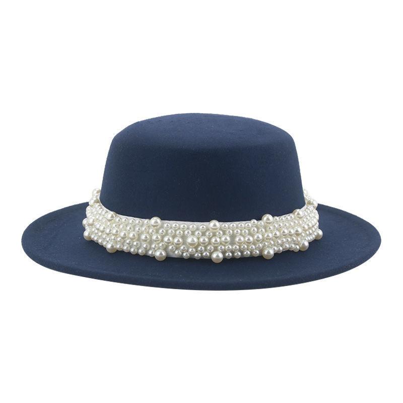 Top Hat Short Brim Hepburn Style British Style Small Round Tibetan High-end Jazz Hat Versatile Flat Top Felt Hat Pearl Premium New