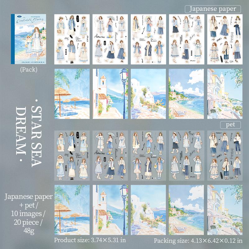 20 Sheets/pack Dual Material Self-Adhesive Sticker Book Cozy Journey Series Character Travel Theme Holiday Decoration