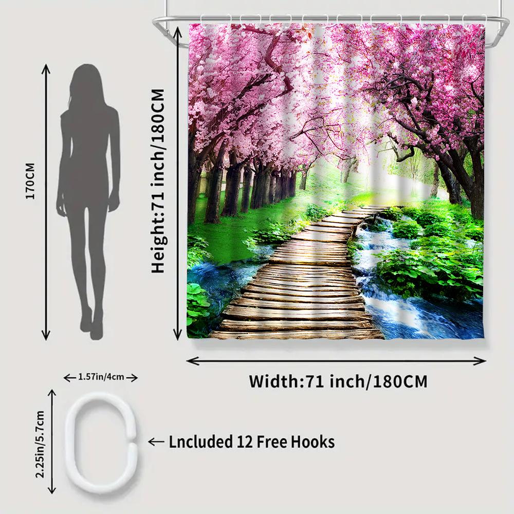 1/4 Cherry Tree Shower Curtains, Toilet Seat Decoration, Shower Curtain With Carpet And Toilet Lid, 12 70.8X70.8 Inch Hooks