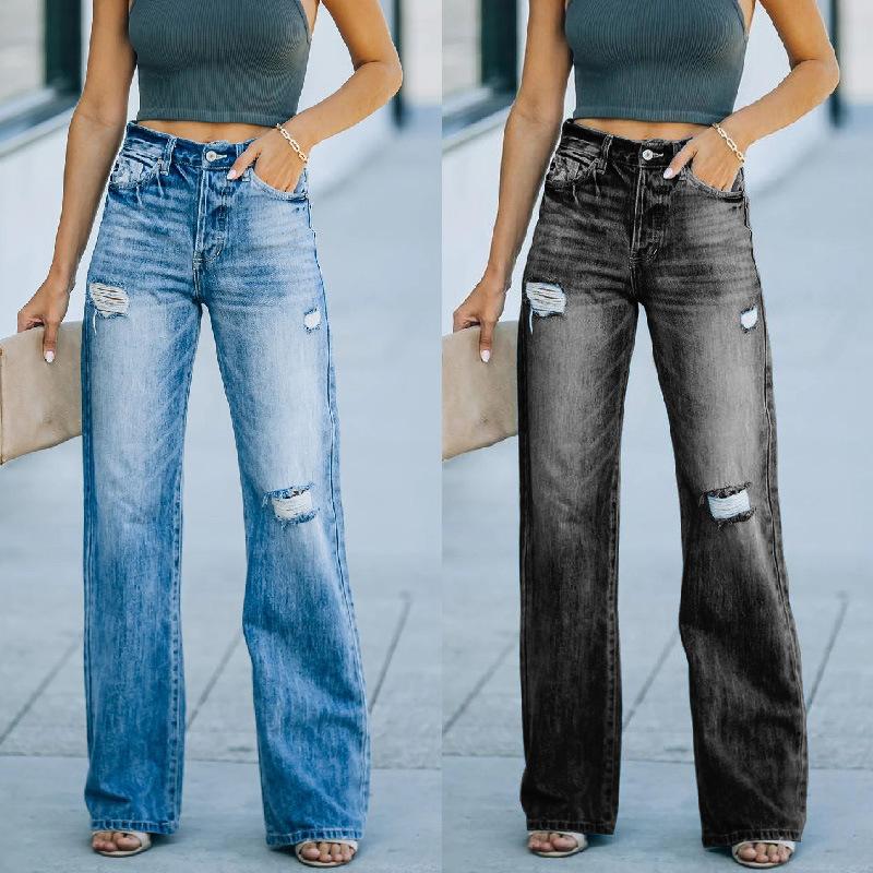 Herbst Damen Lässige Weitbeinige Hosen Mittelhoch Zerrissene Denimhose