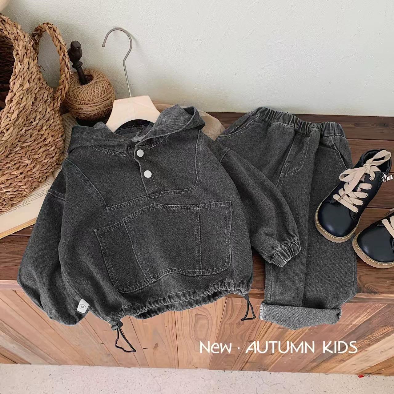 

Детский джинсовый костюм для детей 0-3 лет, весенний мужской и женский детский костюм в стиле вестерн с капюшоном, однотонные джинсы, костюм из двух частей 90