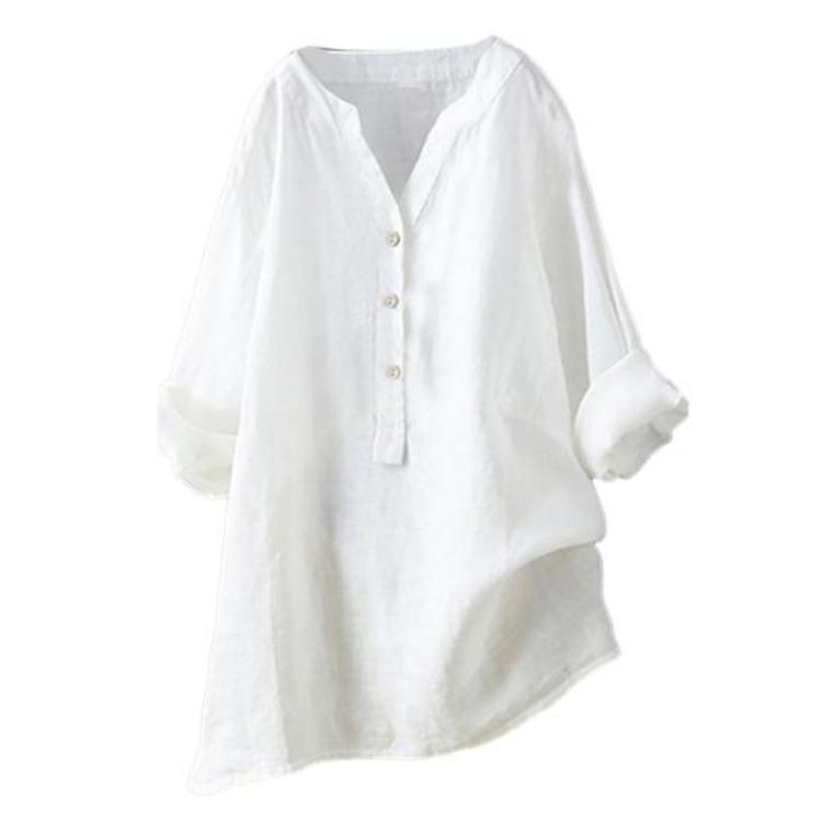 

Loose Linen Blouse Top Plus Size Women Solid Color V Neck Long Sleeve Shirt XXXXXL білий