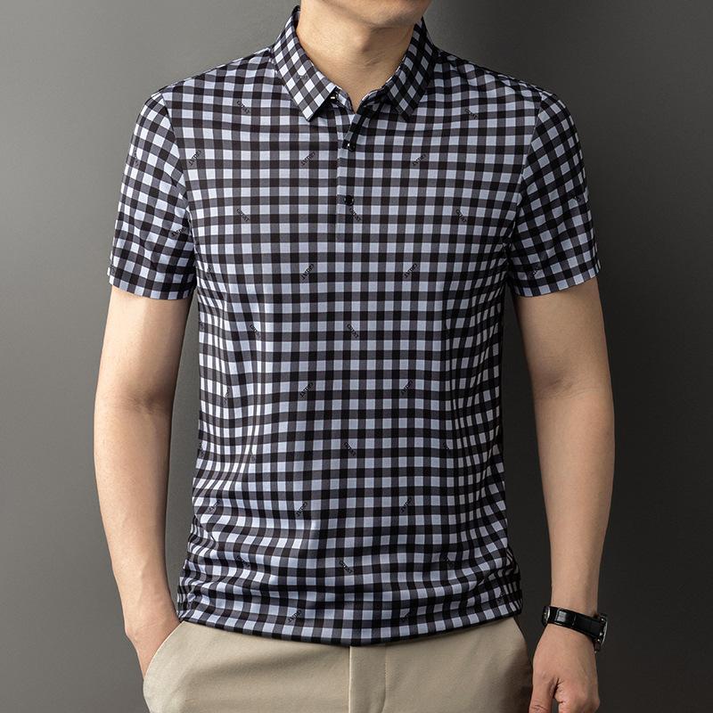 

Summer Printed Ice Silk Plaid Traceless T-Shirt Polo Shirt Short Sleeve Men S Lapel Casual Breathable Top 4XL