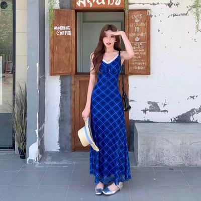 Lace Stitching Blue Plaid V-neck Suspender Dress Women's Summer Vacation Skirt Spice Girl Slim A-word Long Dress