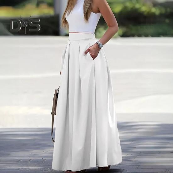 Dámská maxi sukně s vysokým pasem, prodyšná, s velkým lemem, dlouhá sukně s kapsami, stylová večírek, zeštíhlující sukně