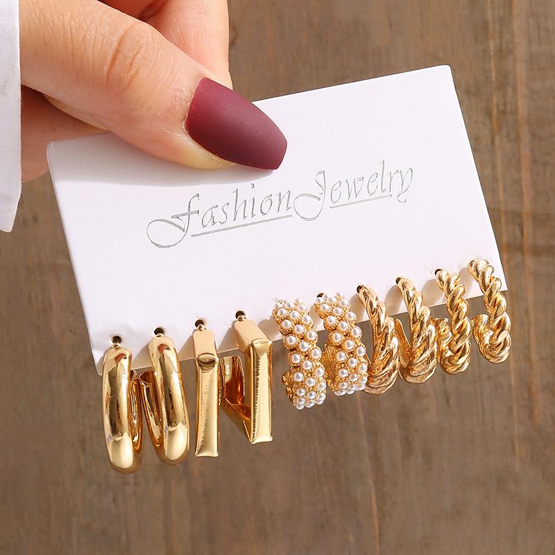 Goldfarbenes Vintage Geometrie Perlen Ohrring Set Metall Zwirn Quadrat Hängeohrringe Rund für Frauen Schlicht Trendig Party Zirkon