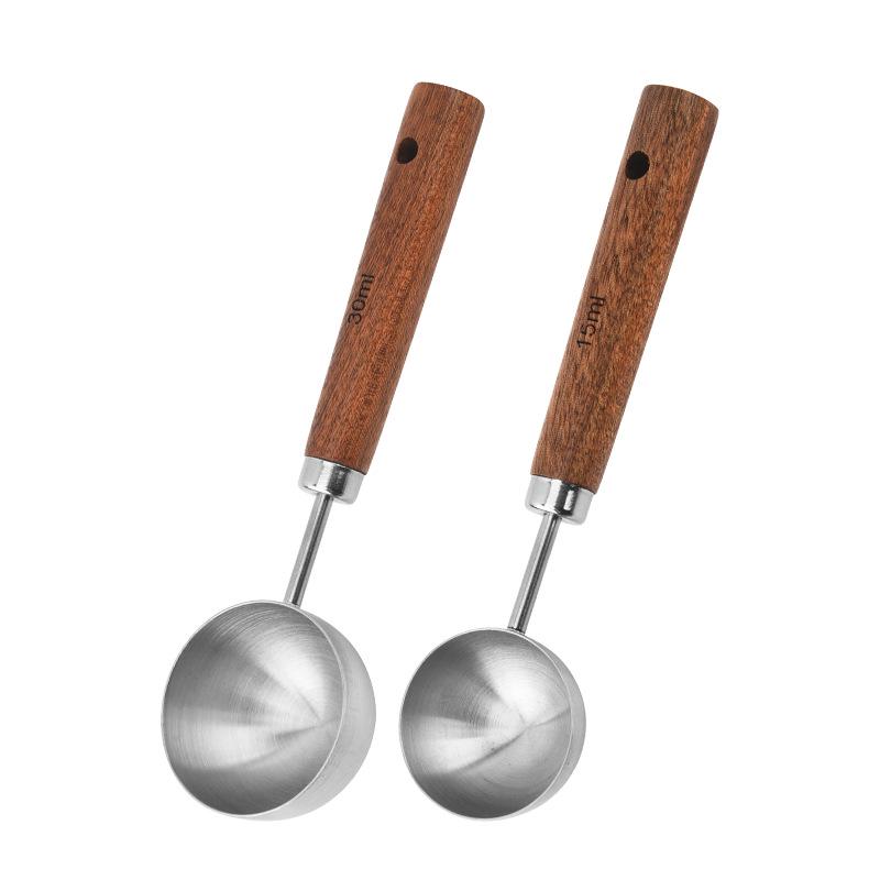 304 Stainless Steel Measuring Spoons with Walnut Handle and Scale - For Coffee, Baking, and Milk Powder