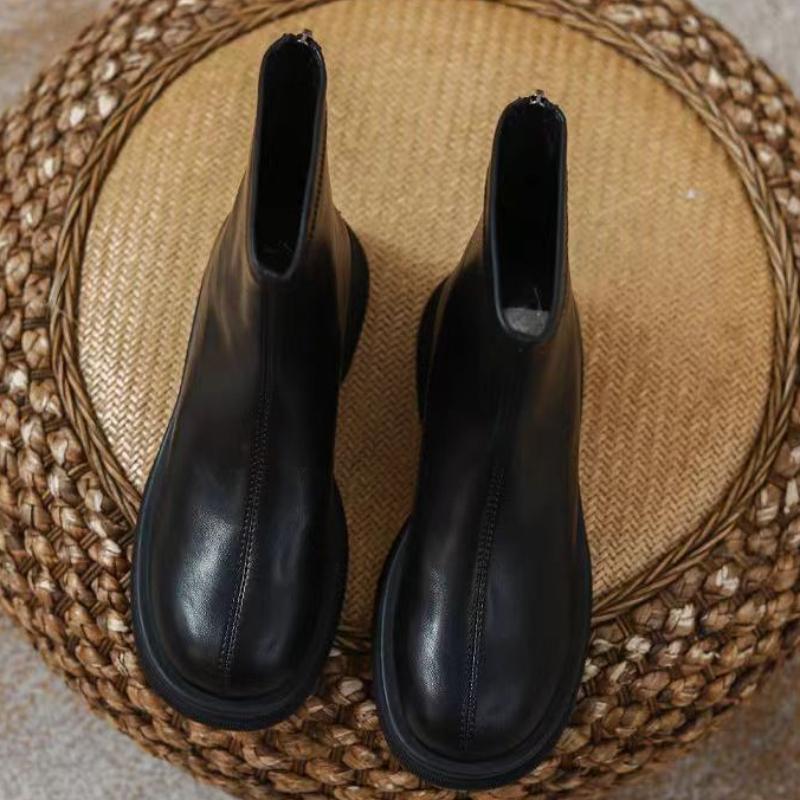Bottes pour femmes 2025 HotSale Style français Fermeture éclair Bottes élastiques Vintage Automne Bout rond Tige courte Talons épais Chaussures Botas Mujer