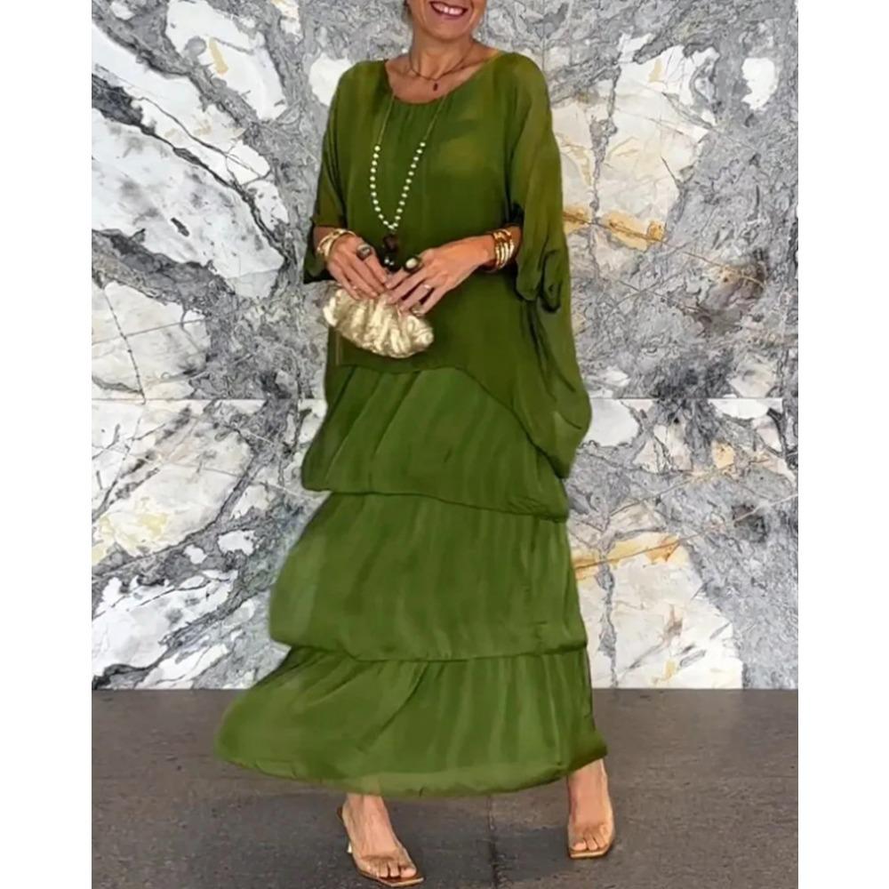 

HNXC Женская мода лето весна однотонный принт короткий рукав О-образный вырез повседневные платья XXXL зелёный