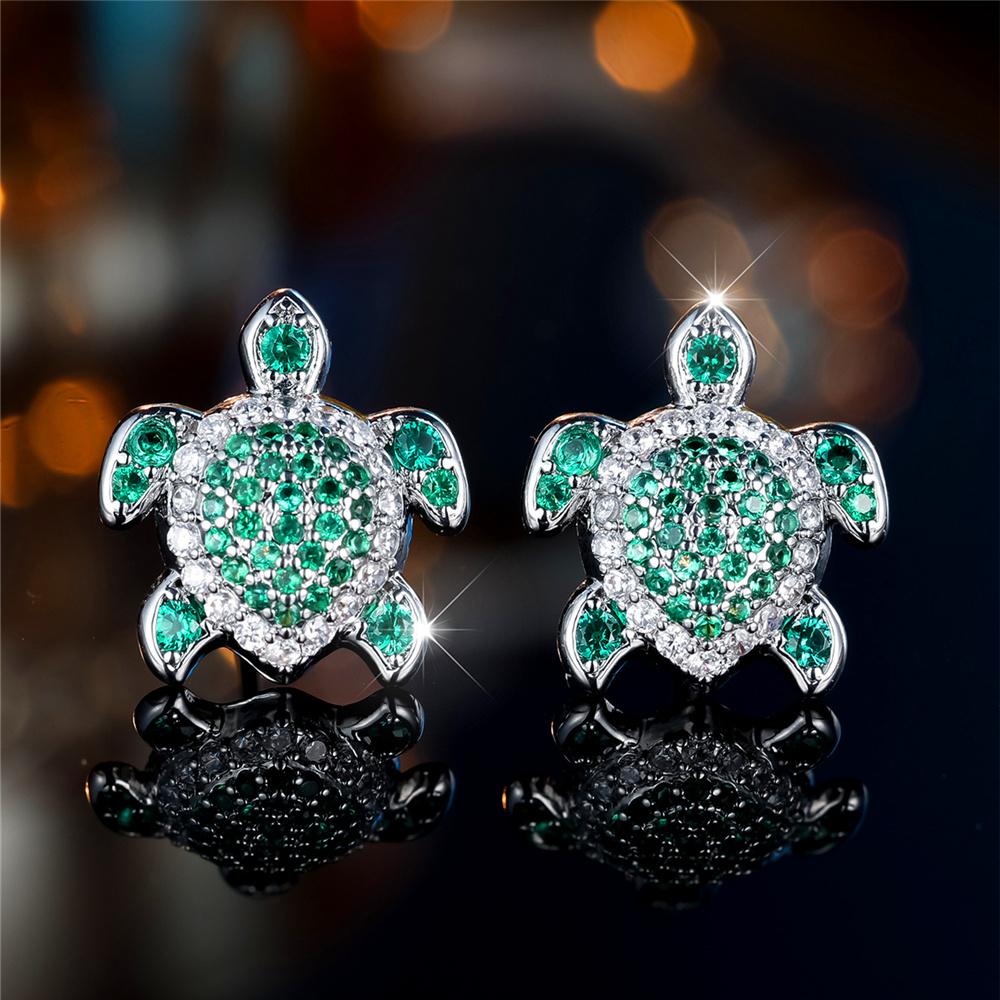 Cute Female Green Rose Red Blue Zircon Stone Small Round Turtle Stud Earrings Vintage Silver Color Wedding Jewelry For Women