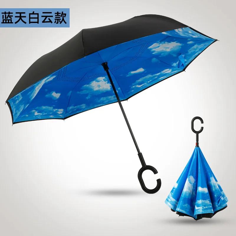 Universal Umbrella C-shaped Handle Windproof Double-layer Long-handled Inverted Folding Umbrella Car Reverse Umbrella full-fiber&8K