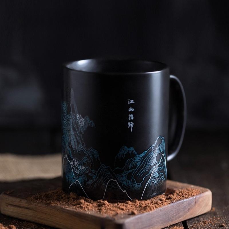 Chinese Style Color Changing Mug Ceramic Cup Green Water and Green Mountain Pattern Gift for Family and Friends