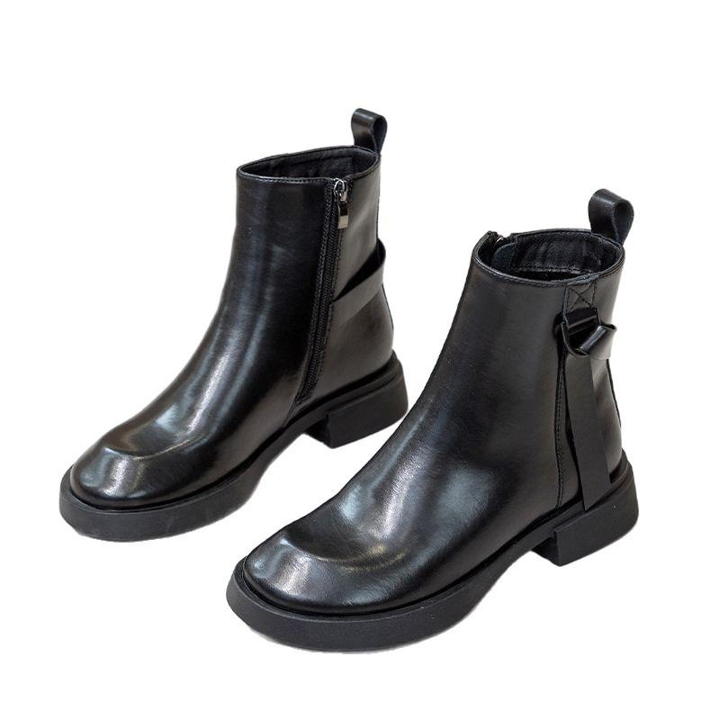 00B000000 leather women's short boots, square head thick heel 0 cm side zipper soft leather short boots, autumn and winter spot women's
