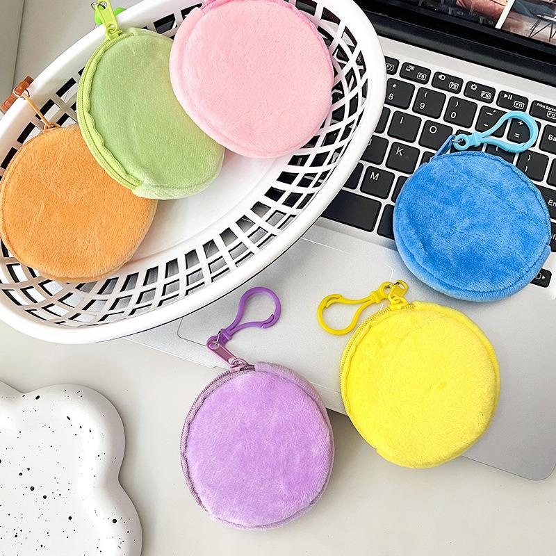 Candy Color Plush Round Coin Purse - Women's Cute Solid Wallet with ID Holder & Keyring
