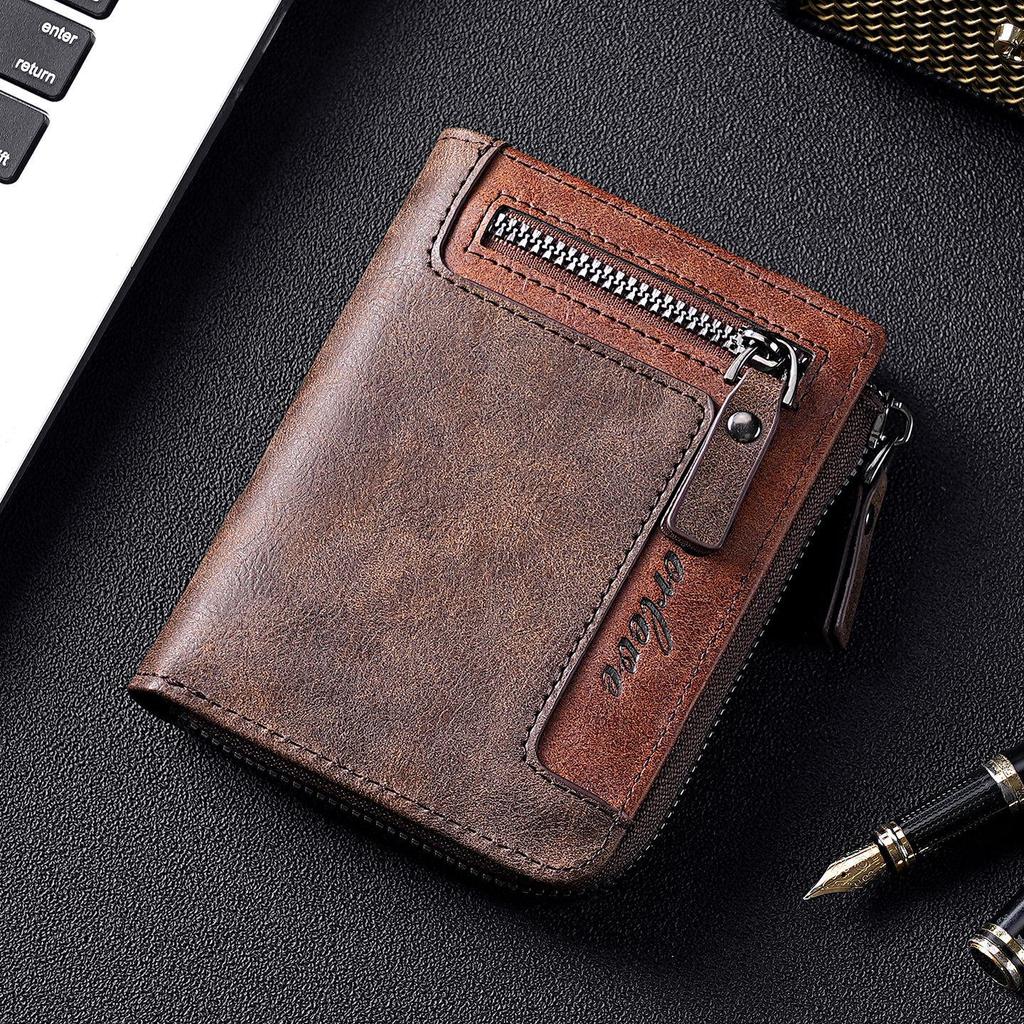 Retro Men's Color Block Leather Wallet with Zipper – Multi-functional Card Holder with Multiple Slots