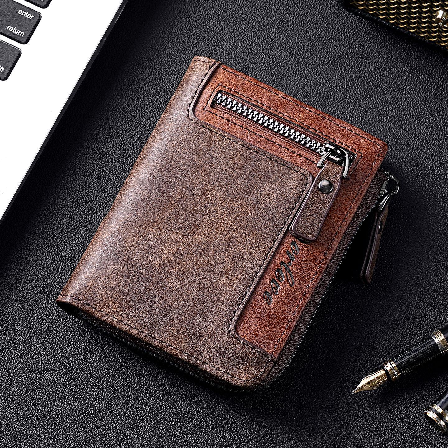 

Retro Men s Color Block Leather Wallet with Zipper – Multi-functional Card Holder with Multiple Slots кофейный