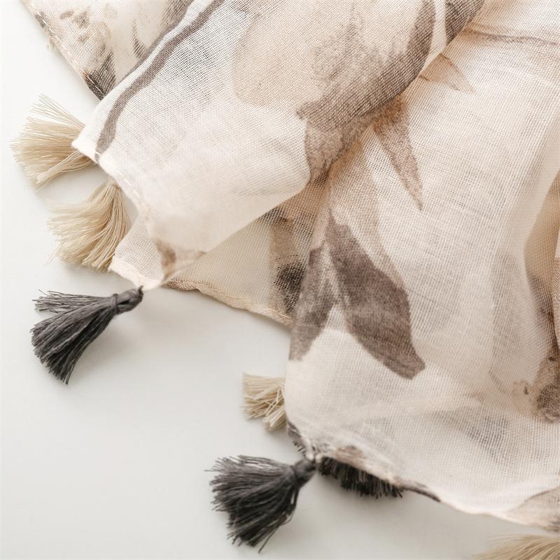 Frühling-Sommer Neu Damen Beige Floral Quasten Schal Lässiger Gaze Schal Reise Urlaub Strandtuch