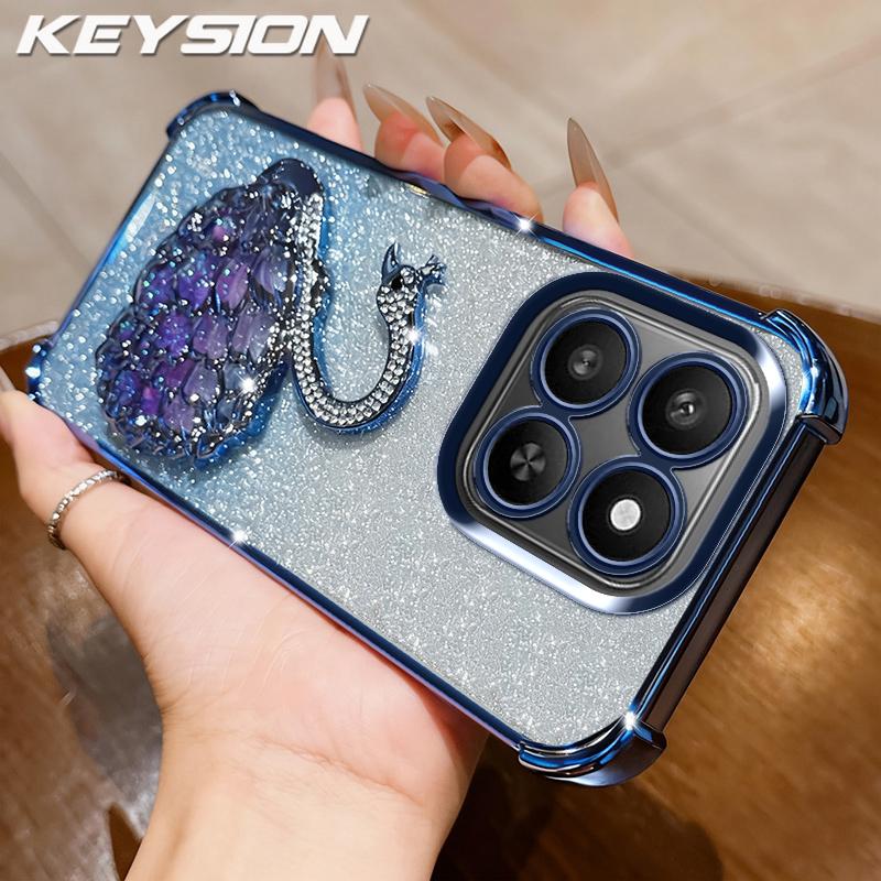 KEYSION Shockproof Plating TPU Phone Case for HONOR X7d 5G Glitter Jewelled Swan kickstand Back Cover for Honor 400 Smart 5G