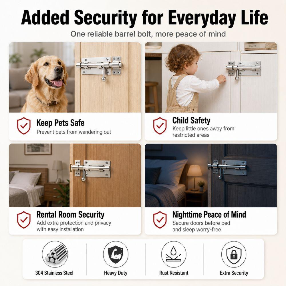 304 Stainless Steel Slide Bolt Lock Heavy Duty Gate Latch Durable Barrel Bolt Latch  Gate