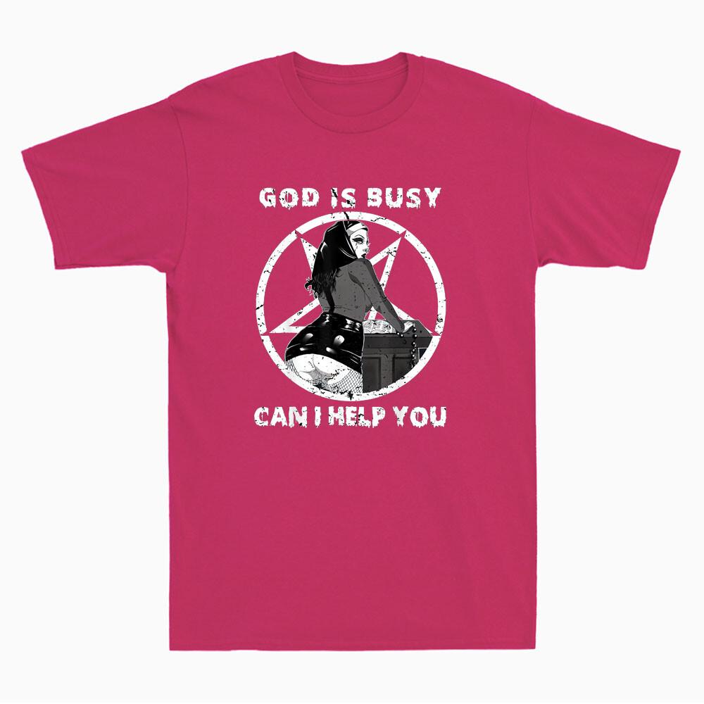 God Is Busy Can I Help You Pentagram Sexy Naughty Nun Meme Retro Unisex Tshirt