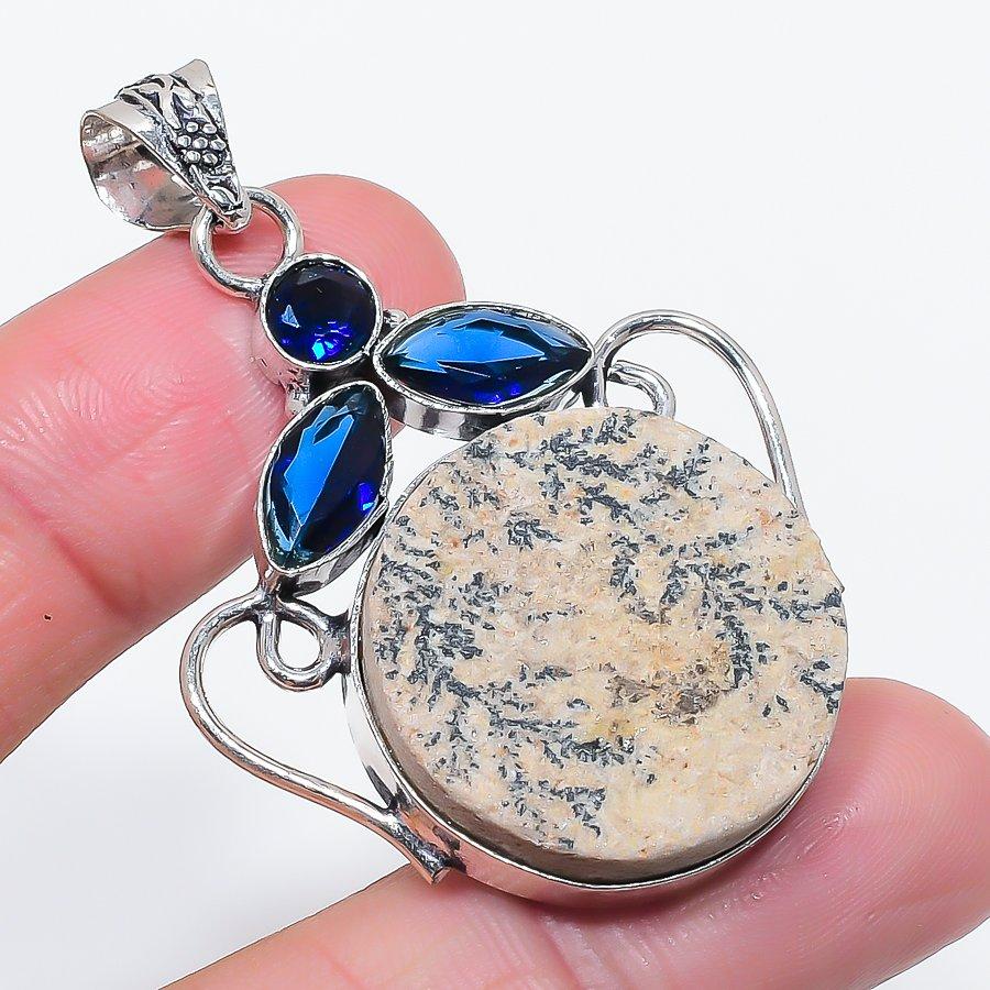 Natural Psilomelane Dendritic, Topaz 925 Sterling Silver Pendant 2.17" N6K44