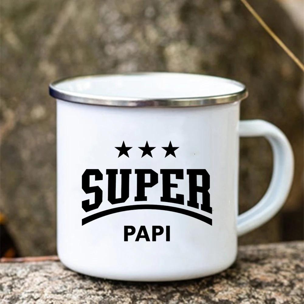 

Super Papy Print Mugs Creative Coffee Cups Drink Water Tea Camping Cup Enamel Mug Outdoor Home Handle Drinkware Gift for Grandpa 360ml