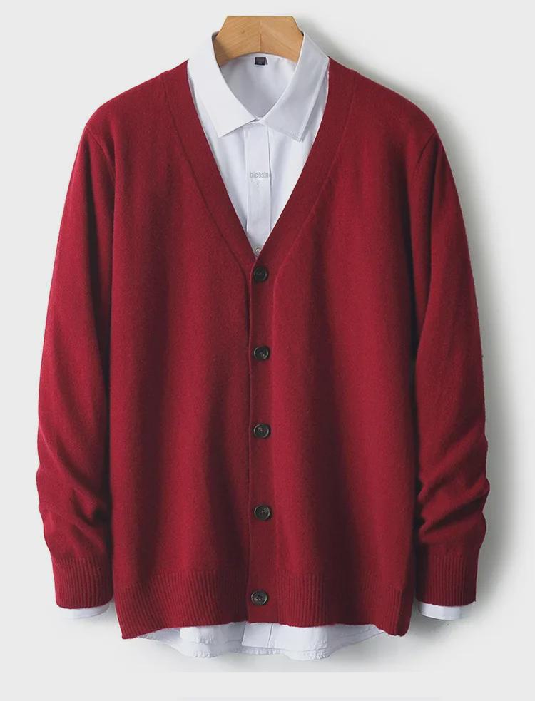 Pánský kašmírový vlněný kardigan svetr s výstřihem do V - Volný jednobarevný, Dlouhý rukáv, Ležérní univerzální (2024).