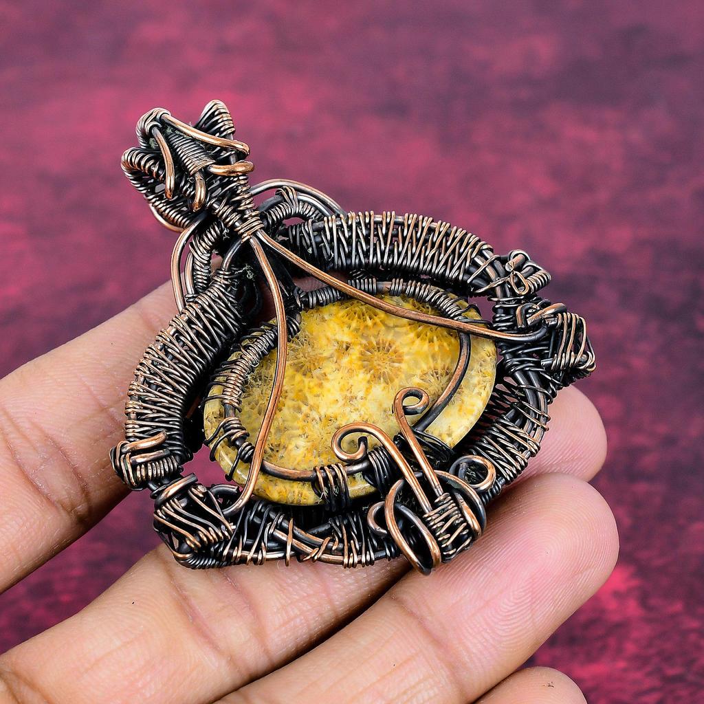 Lebensbaum Fossil Koralle Anhänger Kupferdraht umwickelt Regenbogen Mondstein Schmuck