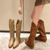 Pointed Western Cowboy Boots Women's Knee Boots Autumn and Winter New Retro V-mouth Thick Heel High Knight Boots
