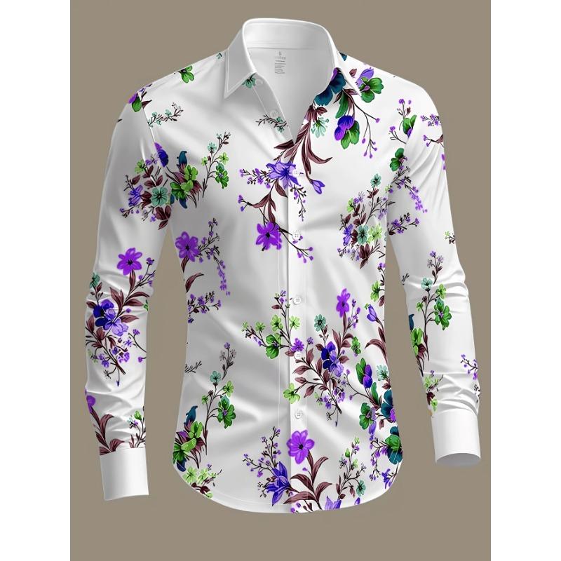 Nuova Camicia da Uomo a Maniche Lunghe Estiva, Vivace Fantasia Floreale, Fioritura Primaverile Romantica Confortevole, Camicia Stampata Casual e Versatile Top da Uomo