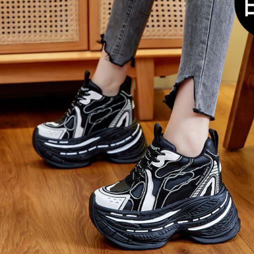 Fashion 12CM Genuine Leather Chunky Sneakers Women Vulcanize Boots Spring Shoes Ankle Booties Fashion Autumn Daddy Shoes Platform Lady