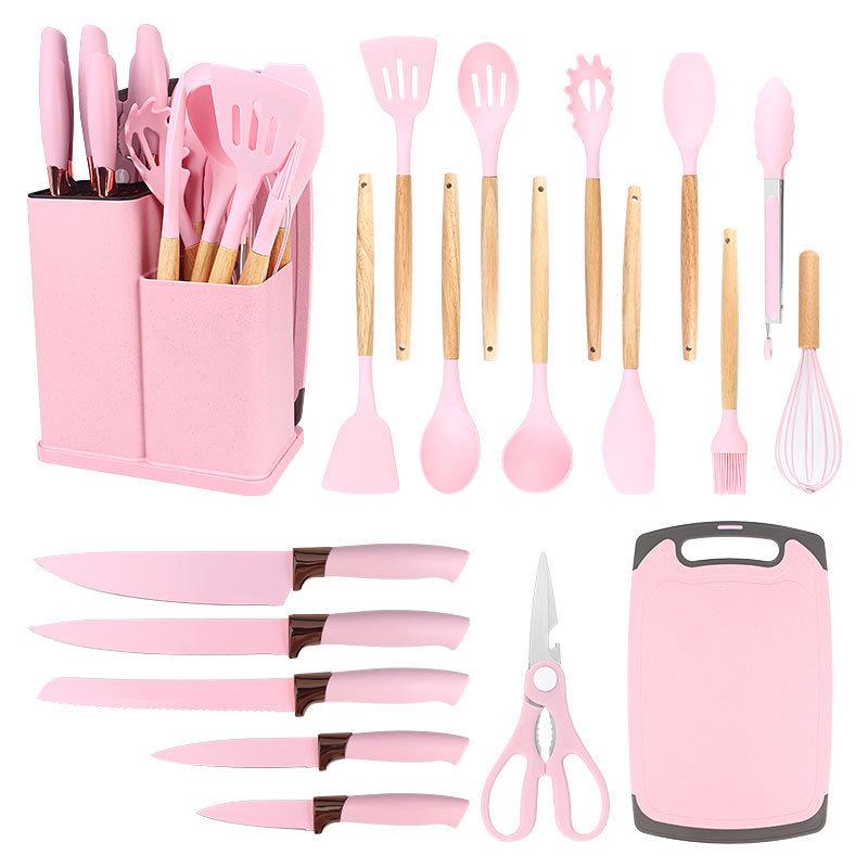 Spot Silicone Kitchen Utensil 19-Piece Non-Stick Set: Includes Spatulas, Spoons, Storage Bucket, and Knife Set.