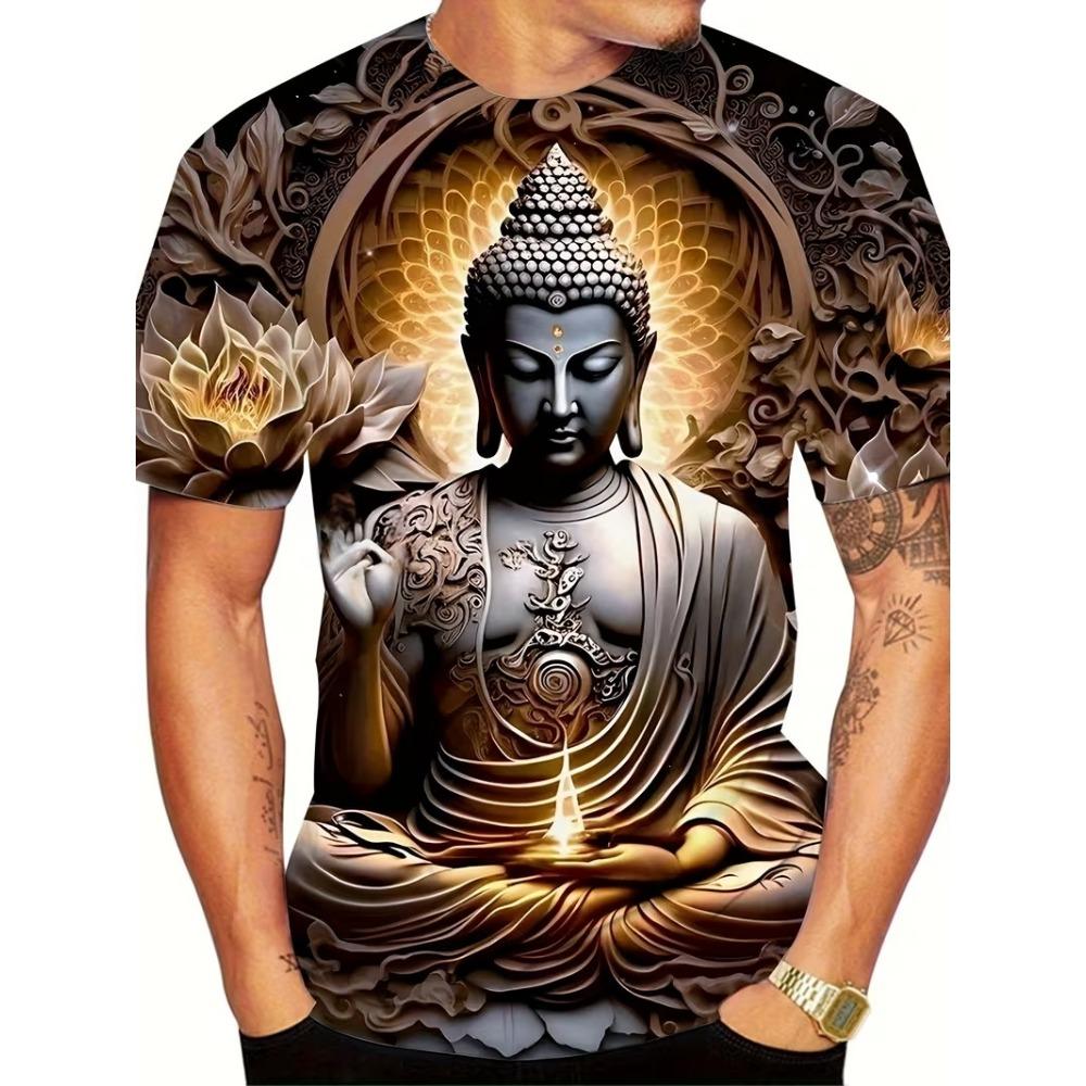 T-shirt da uomo con grafica Testa di Buddha Fiore Rosso Manica Corta Estiva Girocollo Religiosa Spirituale Casual Streetwear Tee Top