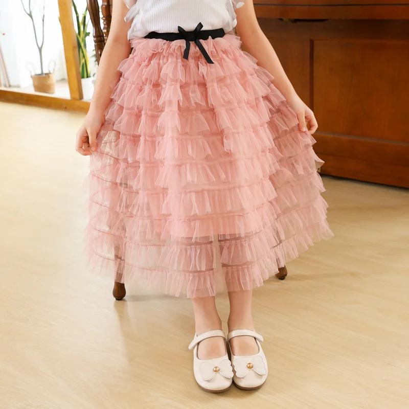 Girls Skirt Summer Mesh Fashion All-match Princess Skirt for Kids Casual Elastic Waist Teen School Children Long Skirt 4-12 Years