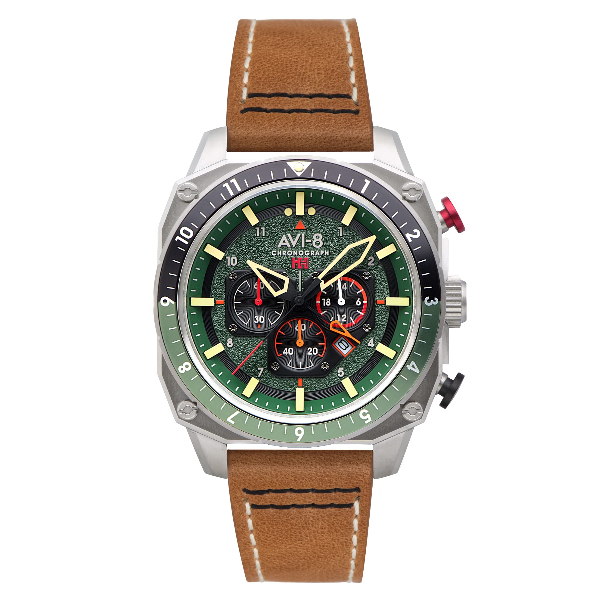 Мужские часы AVI-8 Hawker Hunter Atlas Dual Time Chronograph 43 мм - 12-гранный корпус из нержавеющей стали, японский кварцевый механизм, двойное время и 12-часовой формат