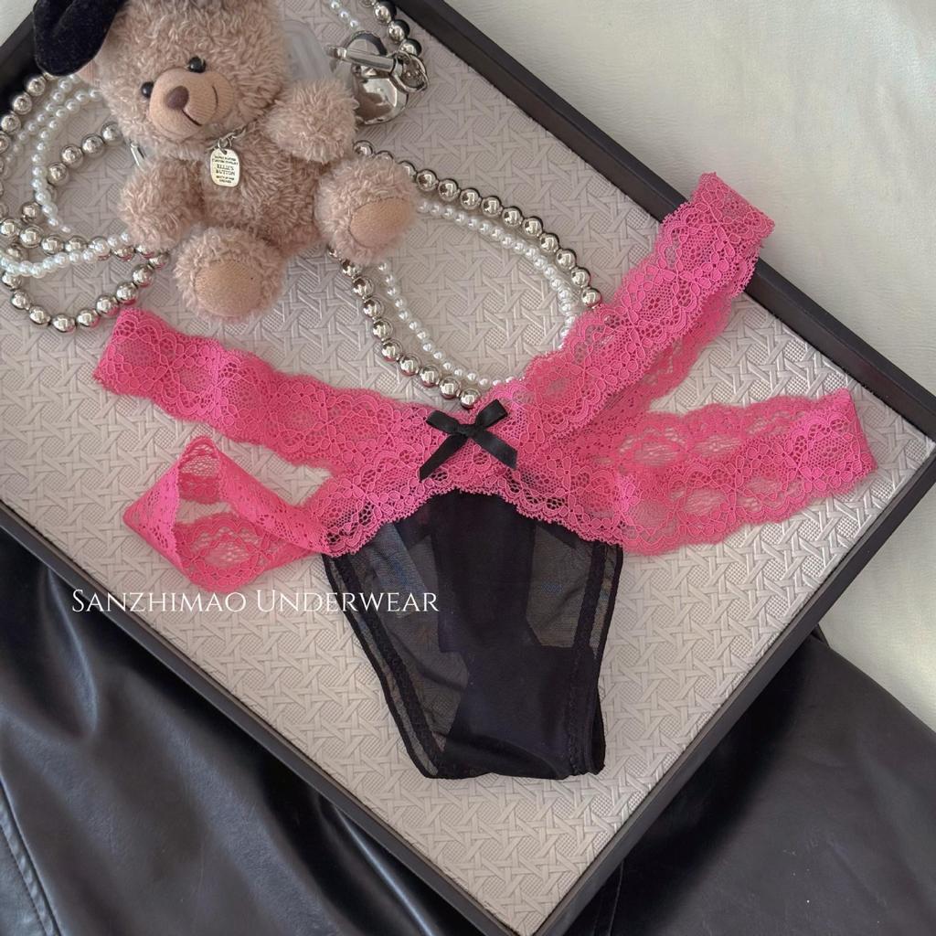 Desire Goddess Lace Thong: Sexy Low Waist Mesh Bow T-Back Panty for Women