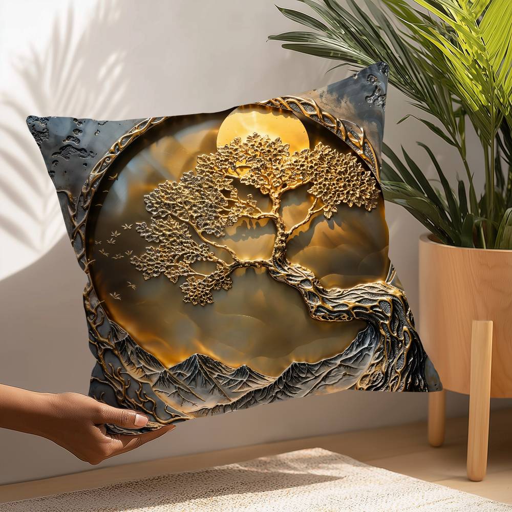Golden Tree And Moon Abstract Painting Pillow Case Sofa Decorative Home Double-sided Printing Short Plush Cushion Pillow Cover