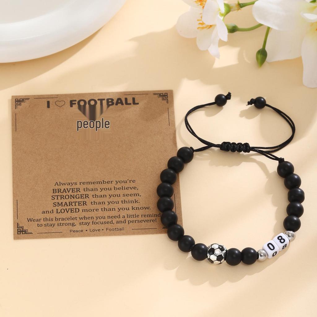 Men's Adjustable Black Matte Stone Beaded Bracelet - Football Number Birthday Gift