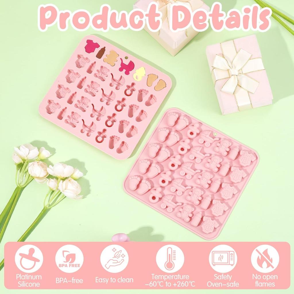 2 PCS Baby Shower Chocolate Mold,Baby Feet Molds Silicone, Baby Onesie Baby Bottle Pacifier Baby Carriage Bear Mold Candy Chocolate Gummy Molds for