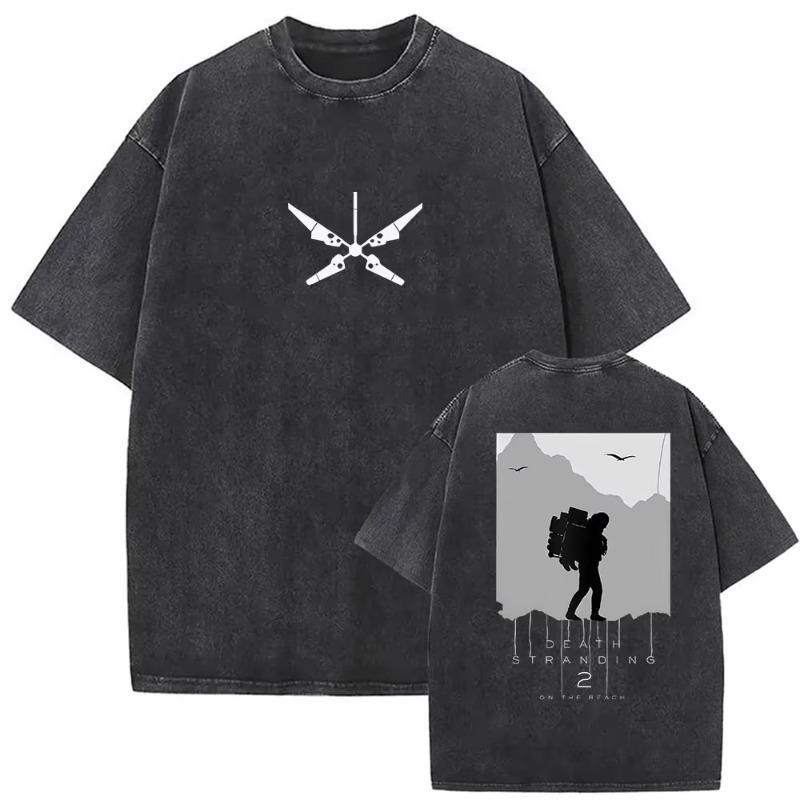 Vintage Washed Game on The Beach Print T Shirt Men Women gothic Fashion Cotton Short Sleeve T-shirt Streetwear