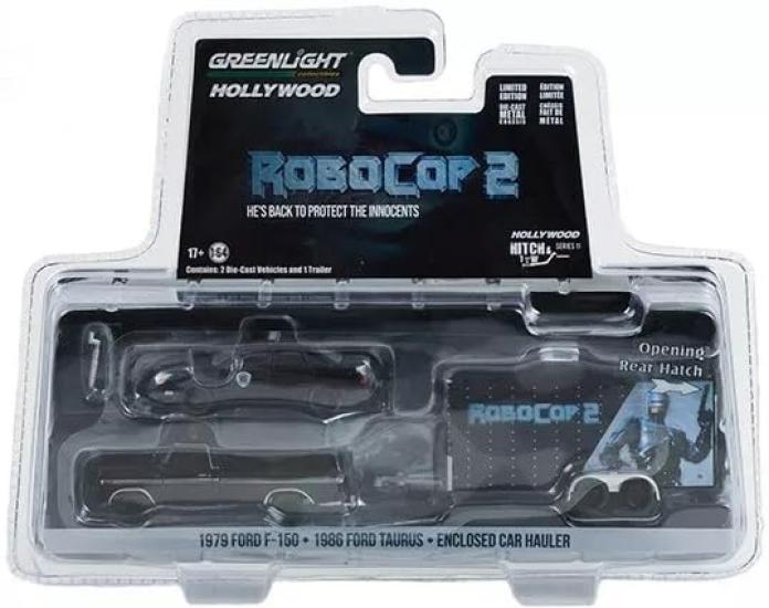 Greenlight RoboCop 2 Ford Taurus Polizei Greenlight Hollywood 1979 Pickup-Truck mit 1986 Taurus Detroit Police und geschlossenem Autotransporter Diecast-Modell