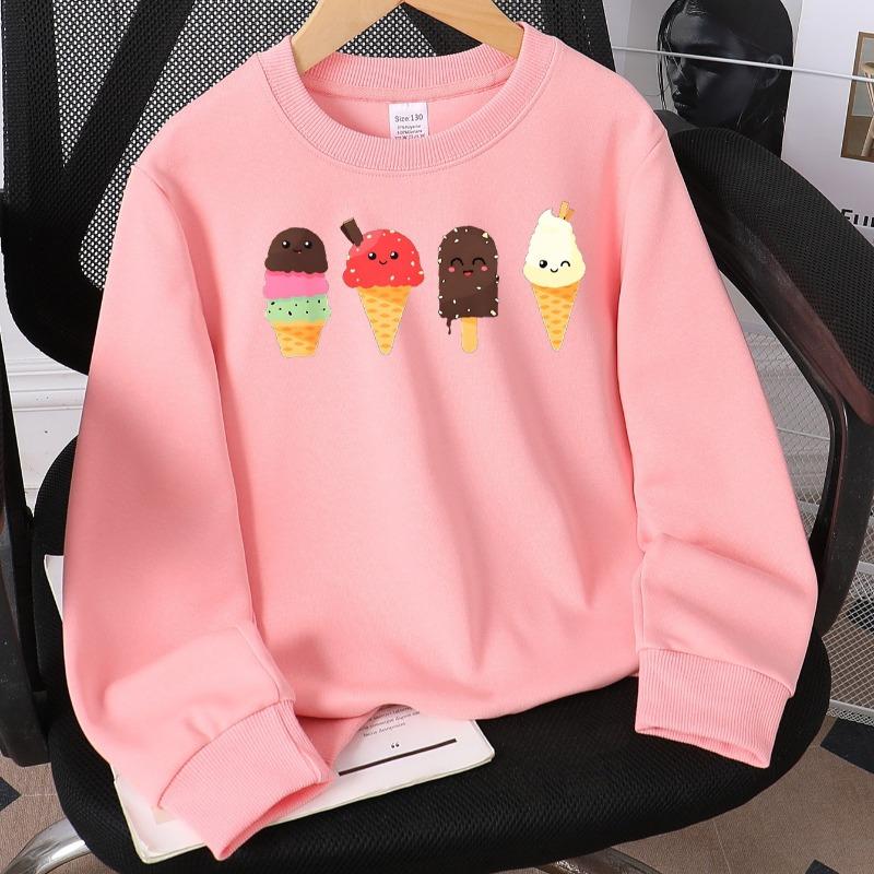 Kids Crewneck Long Sleeve Sweatshirt,Cute Cartoon Ice Cream Characters Print