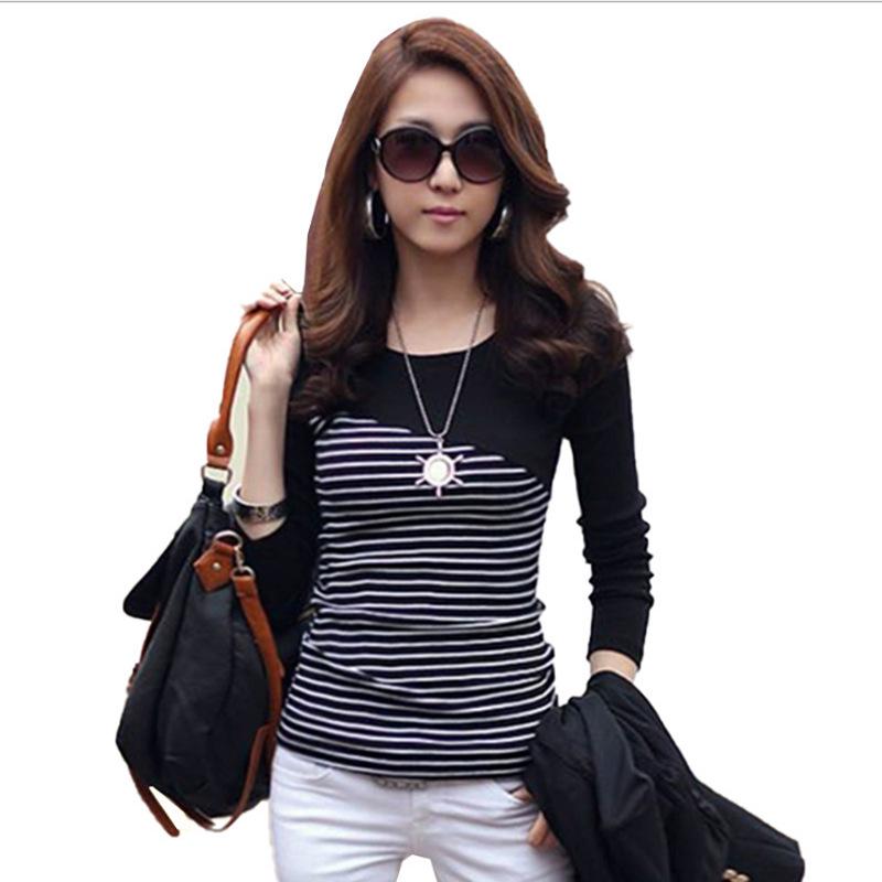 2019 Autumn/Winter Women's Slim Striped Long-Sleeve Round Neck T-Shirt