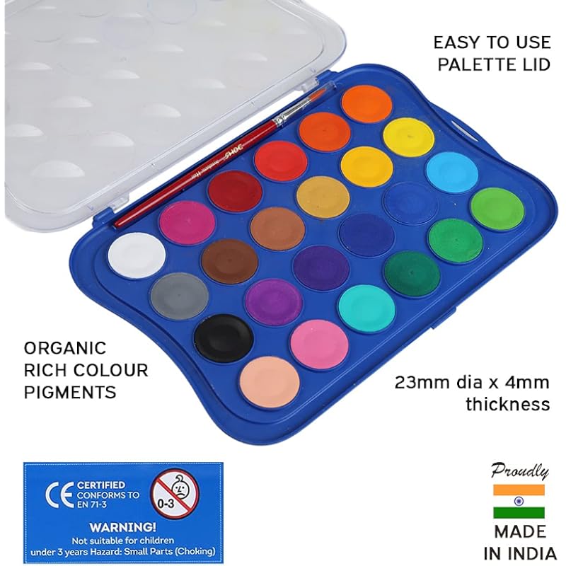 Doms 24 Shades 23Mm Water Colour Cakes | Easy To Use Palette Lid | Organic Rich Colour Pigments | Free Brush Inside | No
