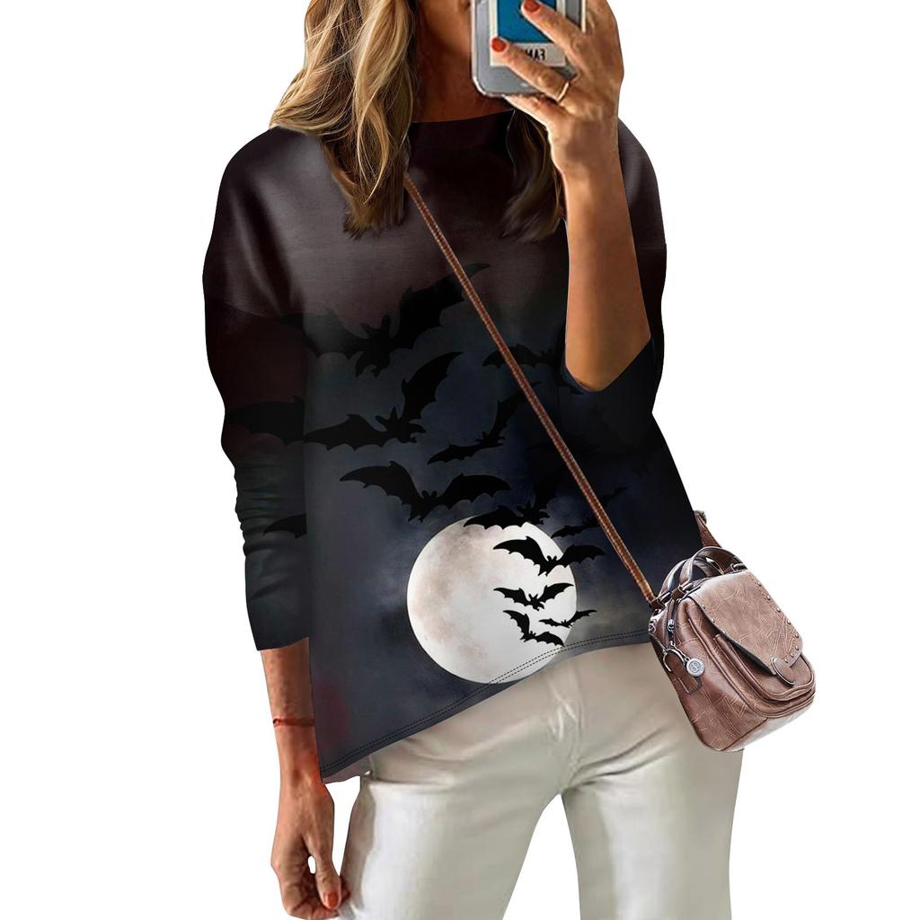 Damen T-Shirt Bedruckt Langarm Alltagsmode Wochenende Überschnittene Schulter Rundhals Top Bluse