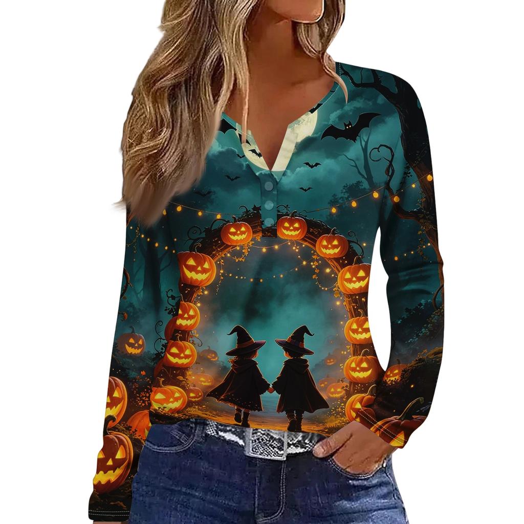 Women's Halloween Print V-Neck Long Sleeve T-Shirt with Button , Casual Fashion Top for Holiday Costume Party