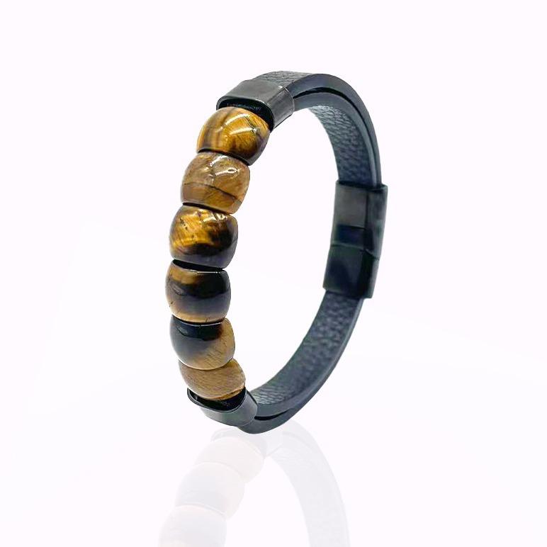 Men's Leather Tiger Eye Stone Bracelet Leather Stainless Steel Buckle Retro Jewelry